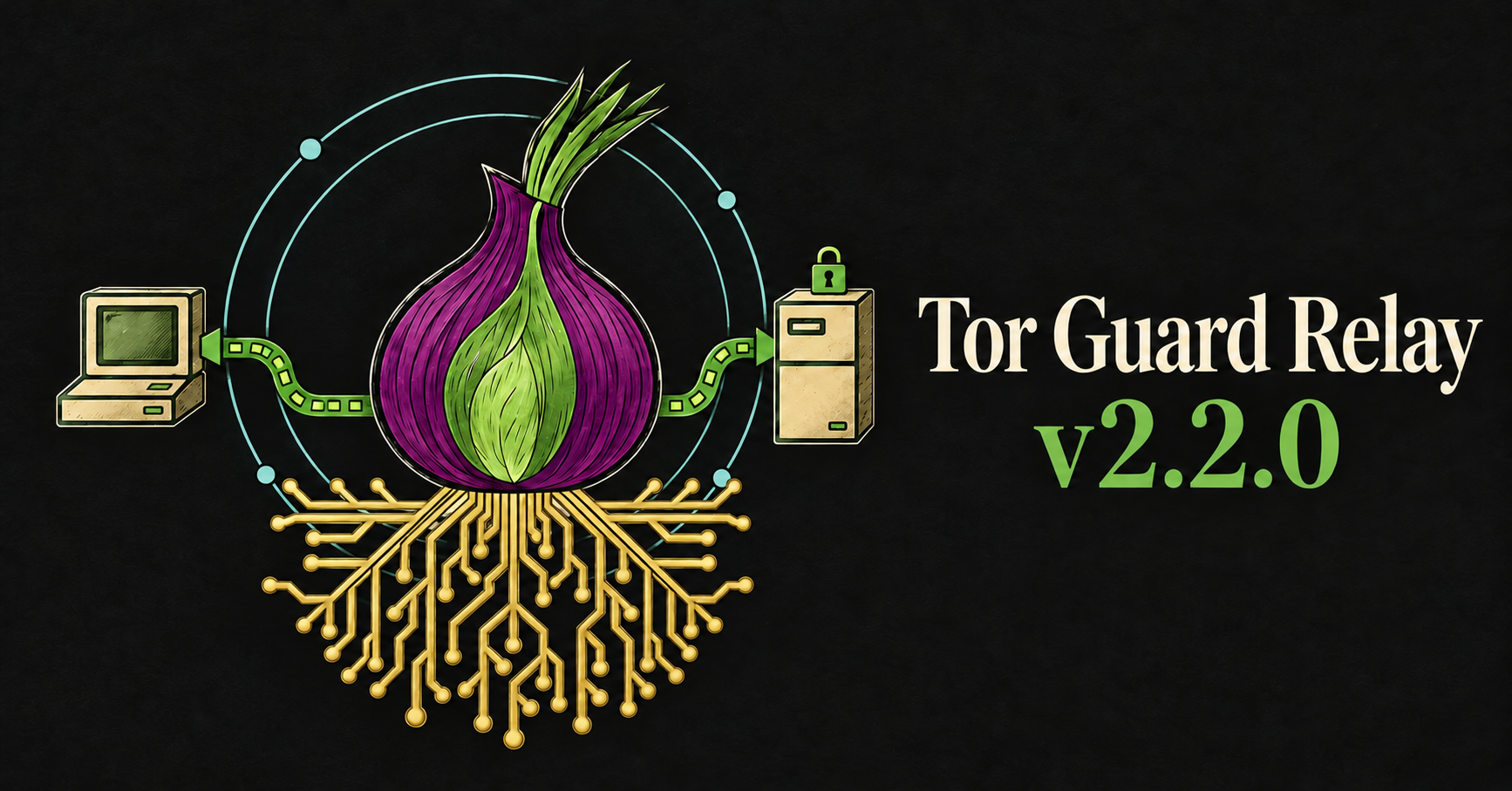 Tor Guard Relay v2.2.0 cover: a purple and green onion, retro relay computers and gold circuit roots