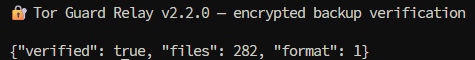 Encrypted backup verification returning verified true, 282 files and archive format 1