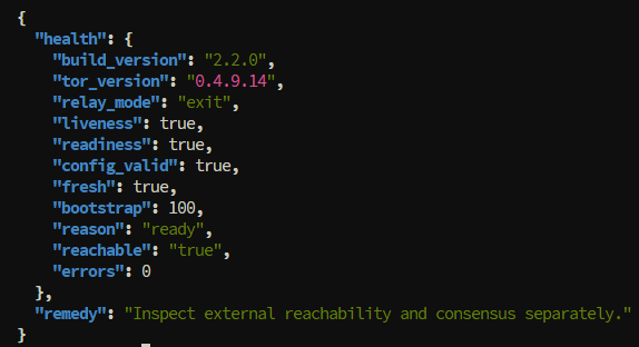 Doctor JSON showing Tor 0.4.9.14, live and ready state, valid configuration, fresh observation and a reminder to check external reachability separately