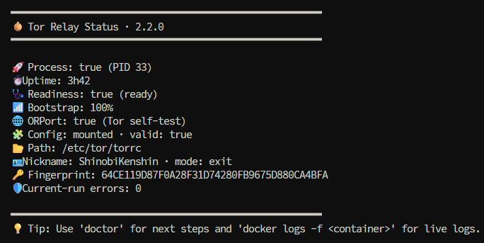 Tor Guard Relay 2.2.0 status on a deployed exit: running process, current readiness, 100 percent bootstrap and valid mounted configuration