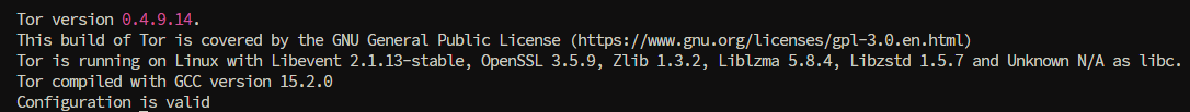 Deployed relay output showing Tor 0.4.9.14 and successful configuration validation